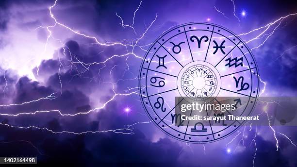 zodiac signs inside of horoscope circle. astrology in the sky with many stars and moons  astrology and horoscopes concept - aquarius foto e immagini stock