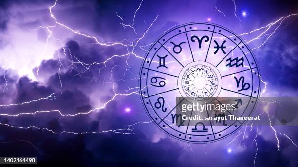 zodiac signs inside of horoscope circle. astrology in the sky with many stars and moons  astrology and horoscopes concept - stars v thunder ストックフォトと画像
