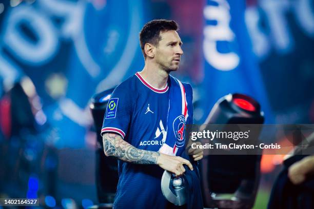 May 21: Lionel Messi of Paris Saint-Germain during the Ligue 1 winners trophy presentation after the Paris Saint-Germain Vs Metz, French Ligue 1...