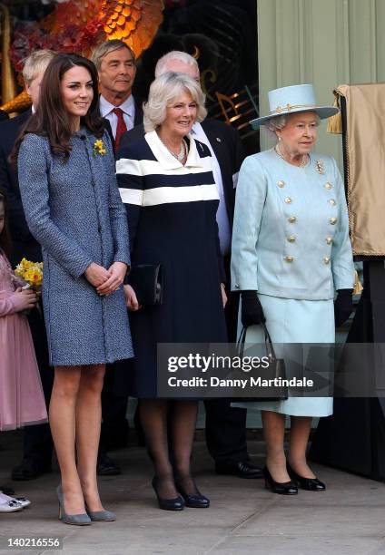 Queen Elizabeth II, Camilla, Duchess Of Cornwall and Catherine, Duchess Of Cambridge visit Fortnum and Mason store on Piccadilly on March 1, 2012 in...