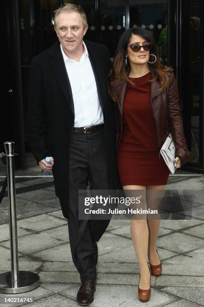 Francois-Henri Pinault and his wife Salma Hayek leave the Balenciaga Ready-To-Wear Fall/Winter 2012 show as part of Paris Fashion Week on March 1,...