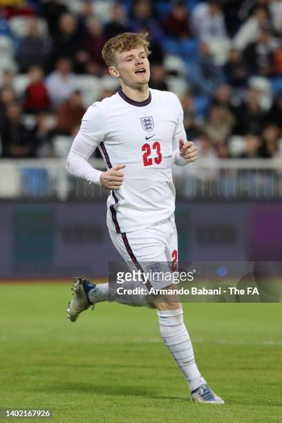 Keane Lewis-Potter of England celebrates after scoring their side's first goal during the UEFA European Under-21 Championship Qualifier between...