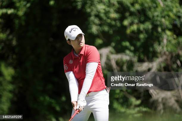 Haru Nomura of Japan looks on before playing her shot from the 14th tee during the first round of the ShopRite Classic at Seaview Bay Course on June...