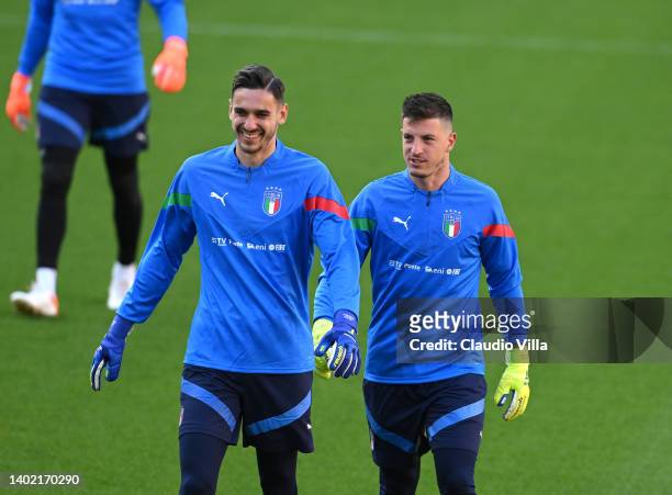 Alex Meret and Alessio Cragno of Italy in action during a Italy training session at Molineux on June 10, 2022 in Wolverhampton, England.