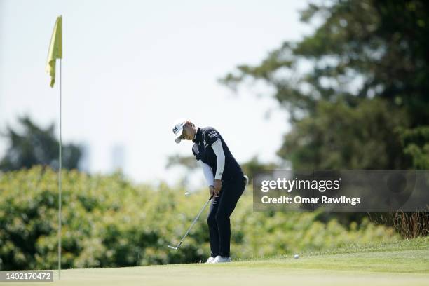 Na Yeon Choi of South Korea plays a chip shot from the edge of the 13th green during the first round of the ShopRite Classic at Seaview Bay Course on...