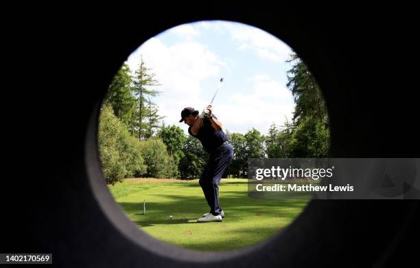 Phil Mickelson of the United States tees off on the 5th hole during the LIV Golf Ivitational at The Centurion Club on June 10, 2022 in St Albans,...