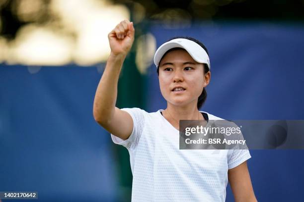 Makoto Ninomiya of Japan celebrates a point during the Women's Doubles Quarter Finals match with Eri Hozumi of Japan against Alexa Guarachi of Chili...