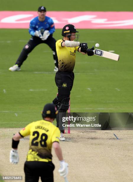 James Bracey of Gloucestershire is dismissed by Tim Seifert of Sussex Sharks off the bowling of Obed McCoy of Sussex Sharks during the Vitality T20...