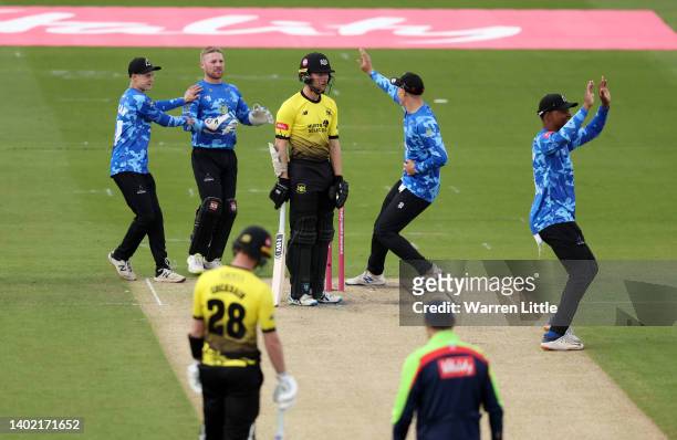 James Bracey of Gloucestershire is dismissed by Tim Seifert of Sussex Sharks off the bowling of Obed McCoy of Sussex Sharks during the Vitality T20...