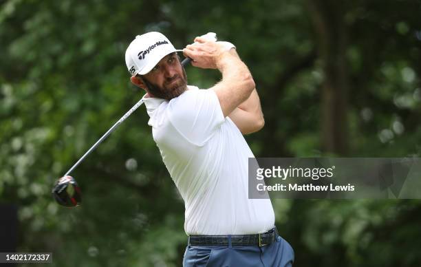 Dustin Johnson of The United States tees off on the 4th hole during the LIV Invitational at The Centurion Club on June 10, 2022 in St Albans, England.