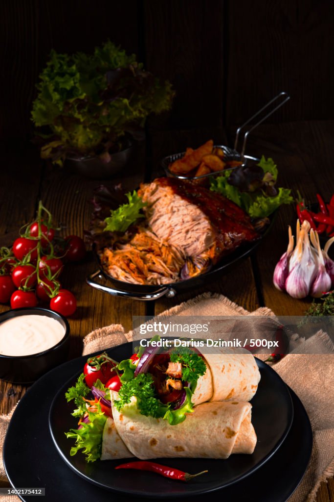 Tasty pulled pork wrap with vegetables