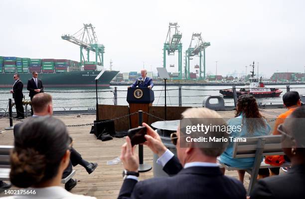 President Joe Biden delivers remarks aboard the Battleship USS Iowa Museum at the Port of Los Angeles on June 10, 2022 in Los Angeles, California....