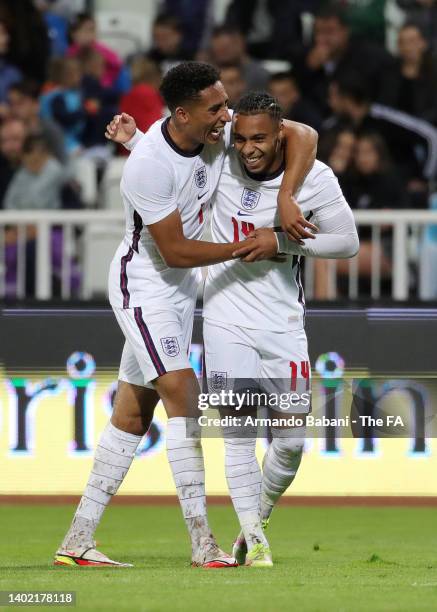 Cameron Archer of England celebrates after scoring their side's third goal during the UEFA European Under-21 Championship Qualifier between Kosovo...