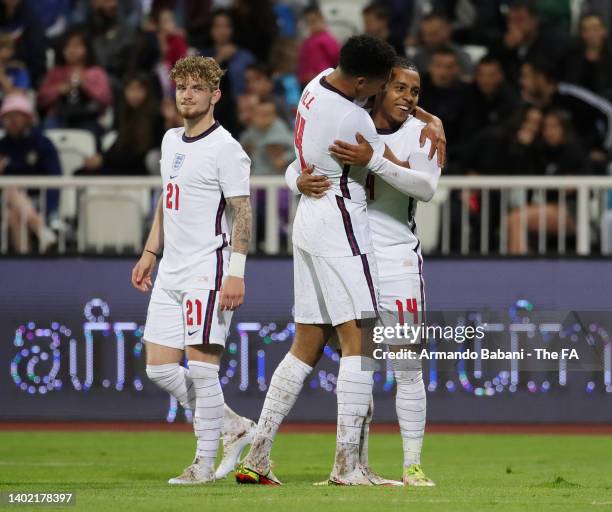 Cameron Archer of England celebrates with James Hill after scoring their side's third goal during the UEFA European Under-21 Championship Qualifier...