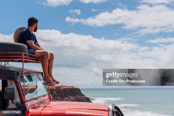 tourist contemplating the beach in off road car - jeep stock pictures, royalty-free photos & images