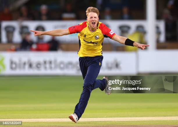 Ben Allison of Essex Eagles celebrates after bowling out Max Holden of Middlesex during the Vitality T20 Blast between Essex Eagles and Middlesex at...