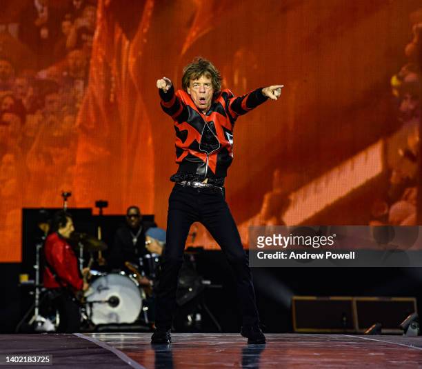 Mick Jagger, Keith Richards and Ronnie Wood of The Rolling Stones performing during The Rolling Stones sixty years on concert at Anfield on June 09,...