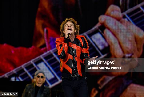 Mick Jagger, Keith Richards and Ronnie Wood of The Rolling Stones performing during The Rolling Stones sixty years on concert at Anfield on June 09,...