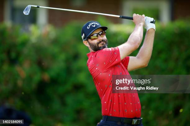 Adam Hadwin of Canada plays his shot from the 13th tee during the second round of the RBC Canadian Open at St. George's Golf and Country Club on June...