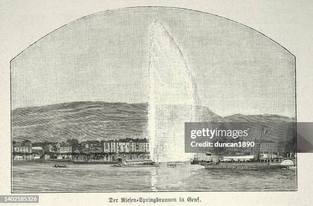 illustrations, cliparts, dessins animés et icônes de fontaine du jet d’eau, genève, suisse, victorien 19ème siècle - jet deau