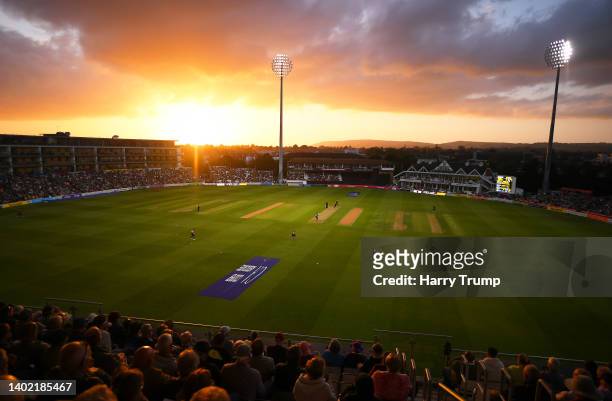 General view of play during the Vitality T20 Blast match between Somerset CCC and Kent Spitfires at The Cooper Associates County Ground on June 10,...