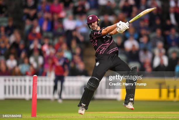 Ben Green of Somerset plays a shot during the Vitality T20 Blast match between Somerset CCC and Kent Spitfires at The Cooper Associates County Ground...