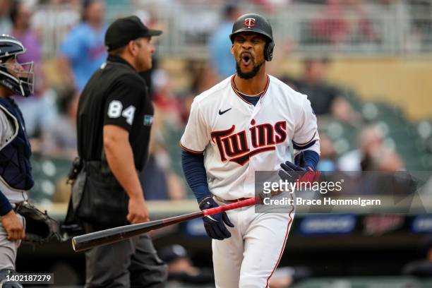Byron Buxton of the Minnesota Twins bats and hits a home run against the New York Yankees on June 9, 2022 at Target Field in Minneapolis, Minnesota.