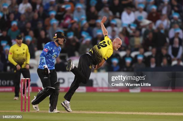 Zak Chappell of Gloucestershire bowls during the Vitality T20 Blast between the Sussex Sharks and Gloucestershire at The 1st Central County Ground on...