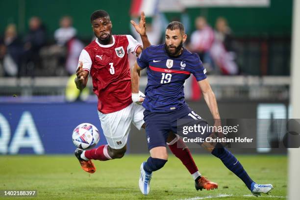 Karim Benzema of France battles for possession with Kevin Danso of Austria during the UEFA Nations League - League A Group 1 match between Austria...