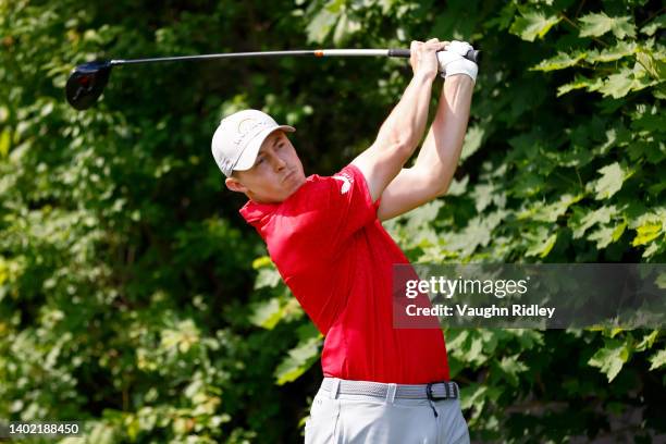Matt Fitzpatrick of England plays his shot from the 14th tee during the second round of the RBC Canadian Open at St. George's Golf and Country Club...