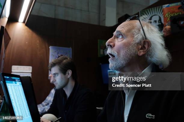 Stock trader Peter Tuchman works on the floor of the New York Stock Exchange on June 10, 2022 in New York City. Stocks fell over 800 points on Friday...