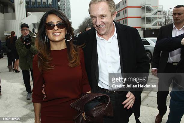 Francois-Henri Pinault and his wife Salma Hayek leave the Balenciaga Ready-To-Wear Fall/Winter 2012 show as part of Paris Fashion Week on March 1,...