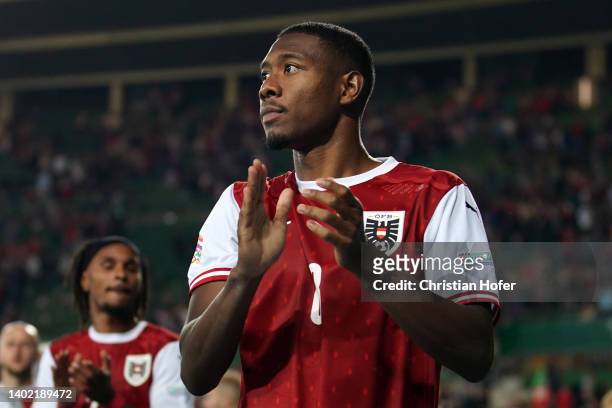 David Alaba of Austria applauds the fans following their draw in the UEFA Nations League - League A Group 1 match between Austria and France at Ernst...
