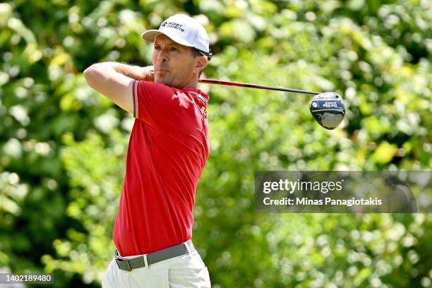 Mike Weir of Canada plays his shot from the ninth tee during the second round of the RBC Canadian Open at St. George's Golf and Country Club on June...