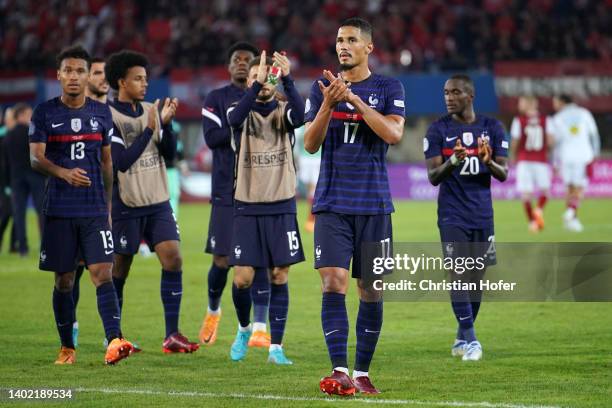 William Saliba of France and teammates applaud the fans following their draw in the UEFA Nations League - League A Group 1 match between Austria and...