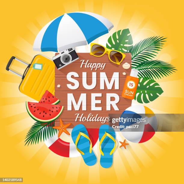 happy summer holidays with beach summer accessories. - summer of 77 stock illustrations