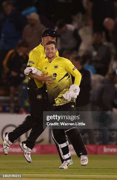 James Bracey of Gloucestershire celebrates dismissing Steven Finn of Sussex Sharks to win the Vitality T20 Blast between the Sussex Sharks and...