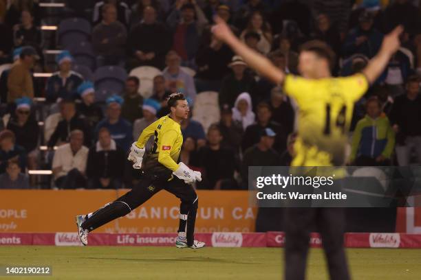 James Bracey of Gloucestershire celebrates dismissing Steven Finn of Sussex Sharks to win the Vitality T20 Blast between the Sussex Sharks and...