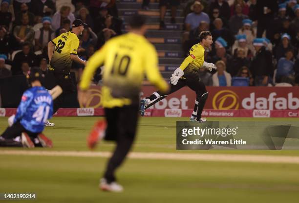James Bracey of Gloucestershire celebrates dismissing Steven Finn of Sussex Sharks to win the Vitality T20 Blast between the Sussex Sharks and...