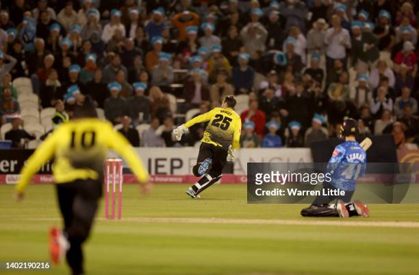 James Bracey of Gloucestershire celebrates dismissing Steven Finn of Sussex Sharks to win the Vitality T20 Blast between the Sussex Sharks and...
