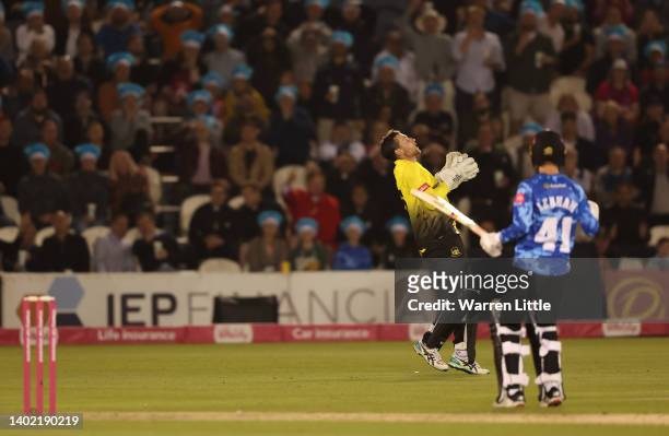 James Bracey of Gloucestershire dismisses Steven Finn of Sussex Sharks to win the Vitality T20 Blast between the Sussex Sharks and Gloucestershire at...