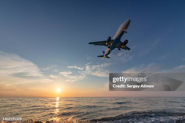 aircraft landing nearby sea against beautiful sunset - fuselagem - fotografias e filmes do acervo