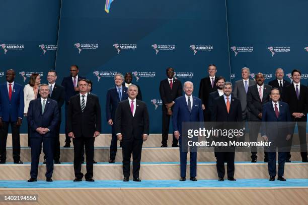 President Joe Biden poses for a group photo with leaders of the IX Summit of the Americas at the LA Convention Center on June 10, 2022 in Los...