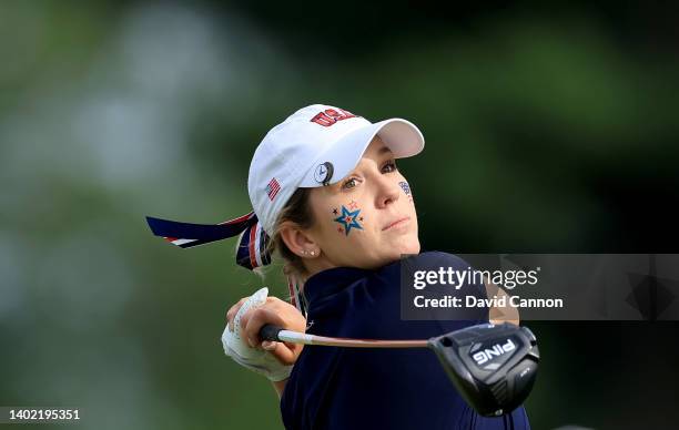 Rachel Heck of The United States Team plays her tee shot on the 15th hole in her match with Rose Zhang against Amelia Williamson and Charlotte Heath...