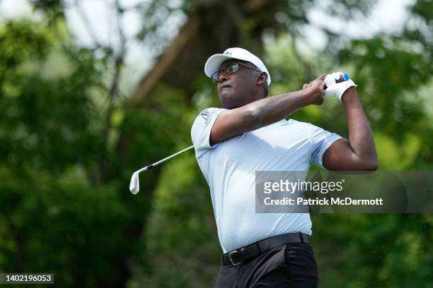 Vijay Singh of Fiji hits his tee shot on the third hole during the first round of the American Family Insurance Championship at University Ridge Golf...