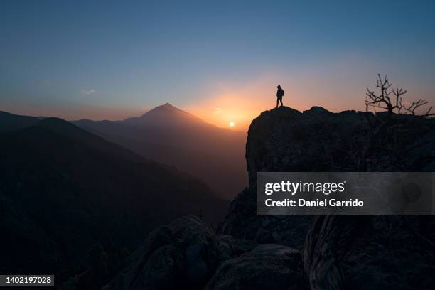 person watching the sunset along the teide mountain, teide national park, tenerife - pico de teide stock-fotos und bilder