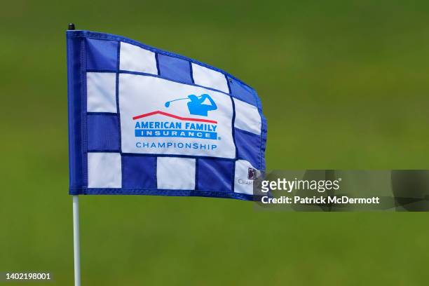Detail view of a pin flag on the third hole during the first round of the American Family Insurance Championship at University Ridge Golf Club on...