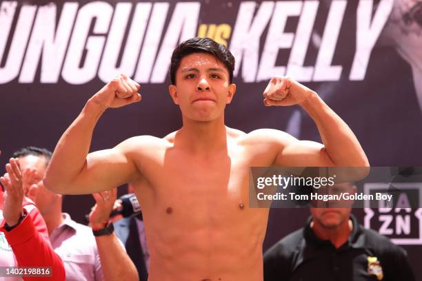 Jaime Munguia takes the stage for the weigh in ahead of the 12 rounds super middleweight fight against Jimmy Kelly at Honda Center on June 10, 2022...