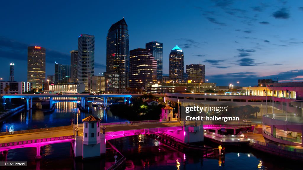 Aerial Shot of Downtown Buildings in Tampa, Florida Before Sunrise