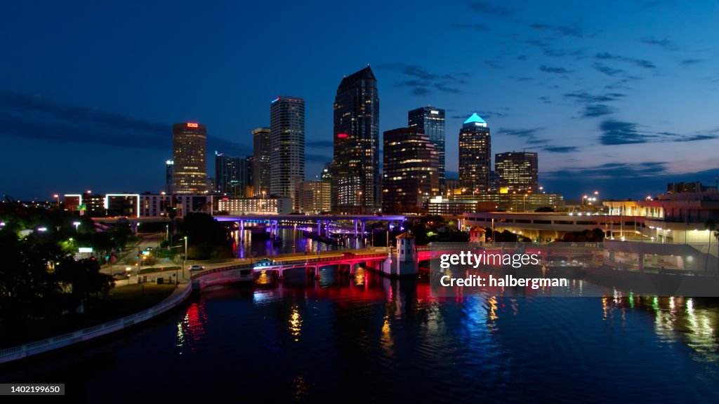 Aerial View of Downtown Buildings in Tampa, Florida Before Sunrise